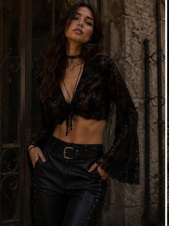 Tops - Vintage Black Sheer Lace Tie-Front Crop Top Dramatic Bell Sleeve Whimsigoth